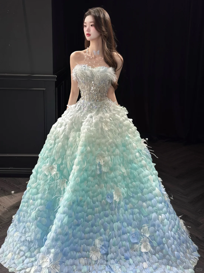 Stunning Ball Gown Strapless Blue Green Ombre Feather Tulle Prom Dress 16th Birthday Dress DP4241