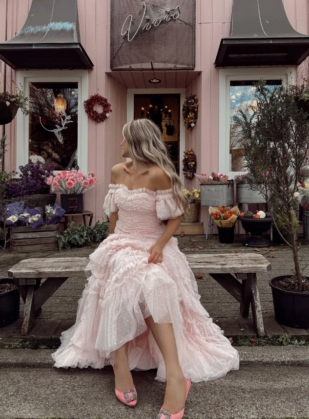 Princess A Line Off the Shoulder Tiered Light Pink Tulle Prom Dress Evening Dress DP1723