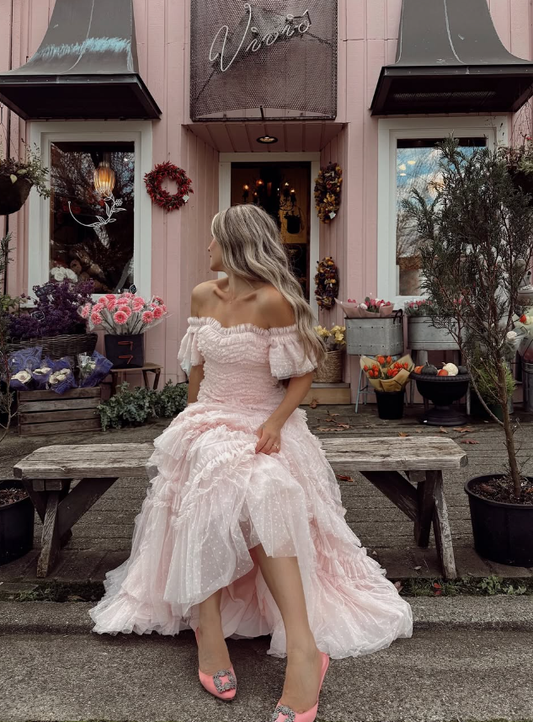 Princess A Line Off the Shoulder Tiered Light Pink Tulle Prom Dress Evening Dress DP1723