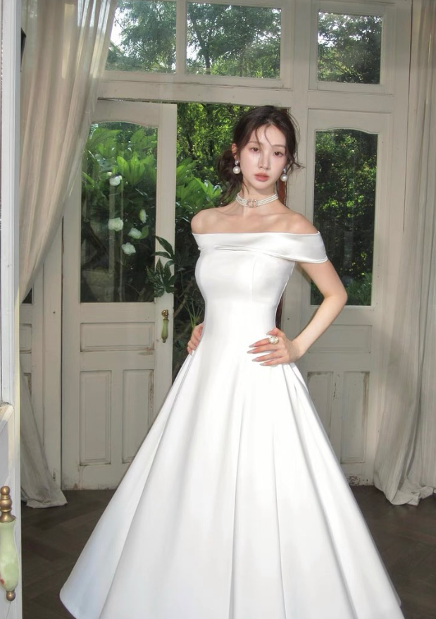 Elegant Simple A Line Off the Shoulder White Satin Prom Dress Evening Dress DP5266