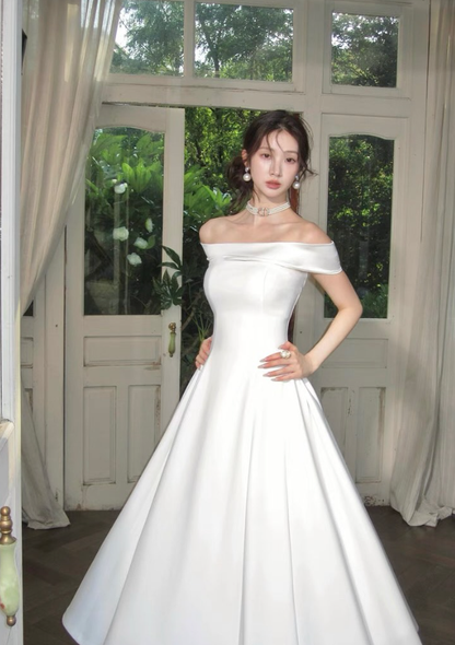 Elegant Simple A Line Off the Shoulder White Satin Prom Dress Evening Dress DP5266