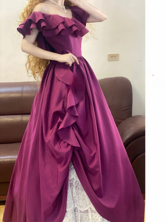 Vintage Purple A Line Off the Shoulder Ruffle Satin Prom Dress Outfits DP4574
