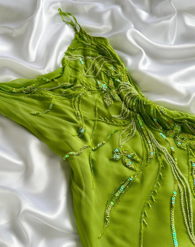Vintage A Line Bright Green Beaded Chiffon Homecoming Dress Outfits DP5133