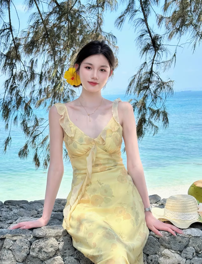 Yellow Sheath Strap Print Floral Chiffon Party Dress Evening Dress Outfits DP3405