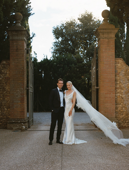 Backless Elegant A Line Straps White Satin Long Sweep Wedding Dress DP4847