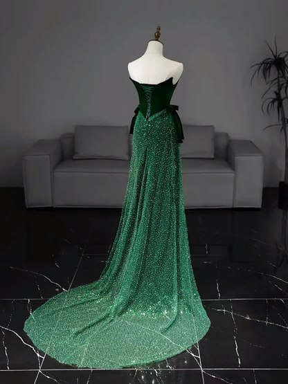 Strapless Mermaid Tulle Sequin Velvet Green Long Prom Dress Formal Evening Dress DP373