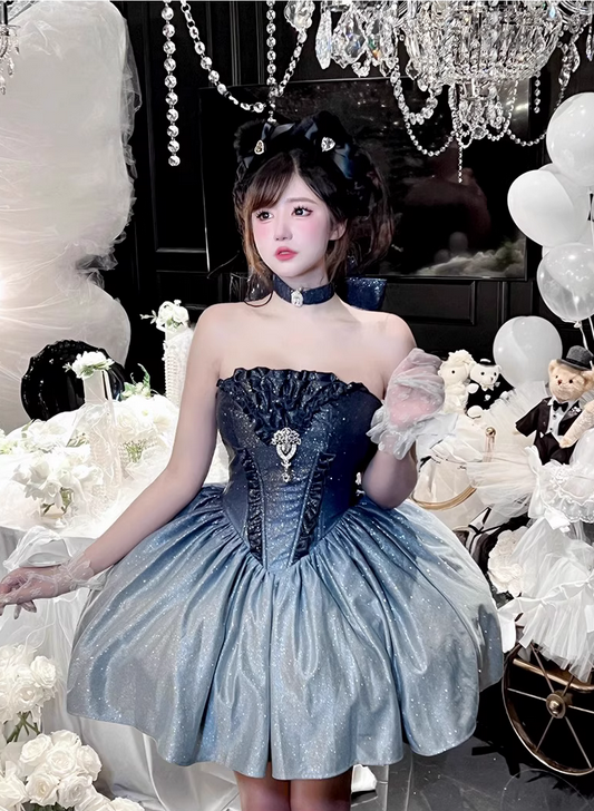 Stunning A Line Strapless Blue Ombre Sequin Satin Short Homecoming Dress Outfits DP4501