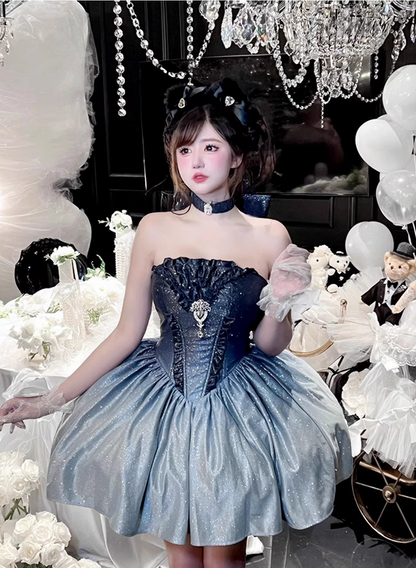 Stunning A Line Strapless Blue Ombre Sequin Satin Short Homecoming Dress Outfits DP4501