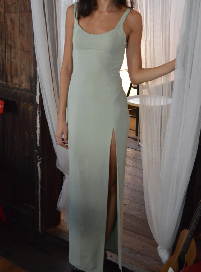 Sage Green A Line Spaghetti Strap Satin Long Prom Dress Evening Dress with Slit DP4766
