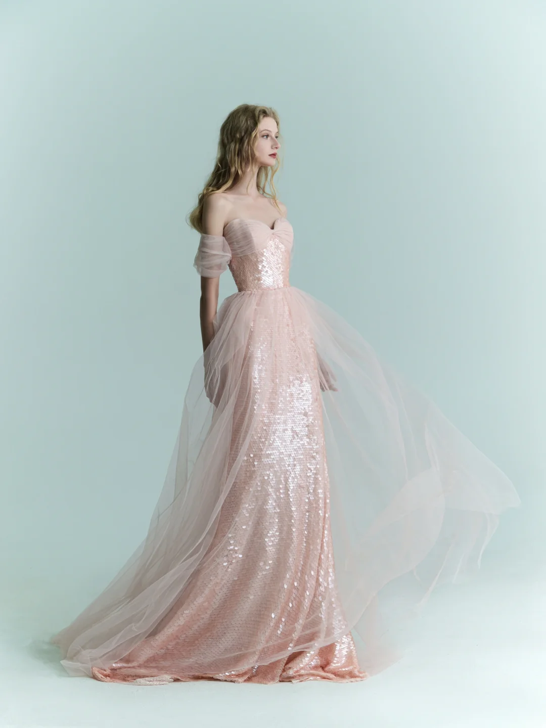 Shiny Pink Mermaid Off the Shoulder Tulle Sequin Party Dress Prom Dress Formal Gown DP3725