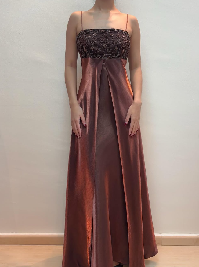 Vintage A Line Spaghetti Strap Beaded Brown Satin Prom Dress Evening Dress DP1779