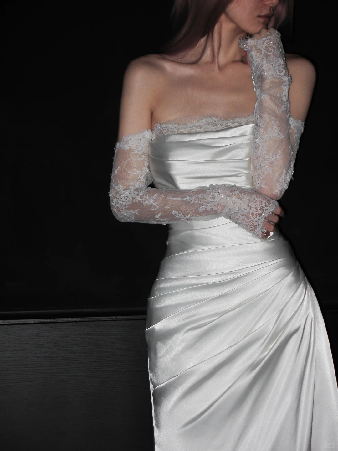 Gentle Mermaid Long Sleeve White Lace Satin Long Wedding Dress Prom Dress DP4410