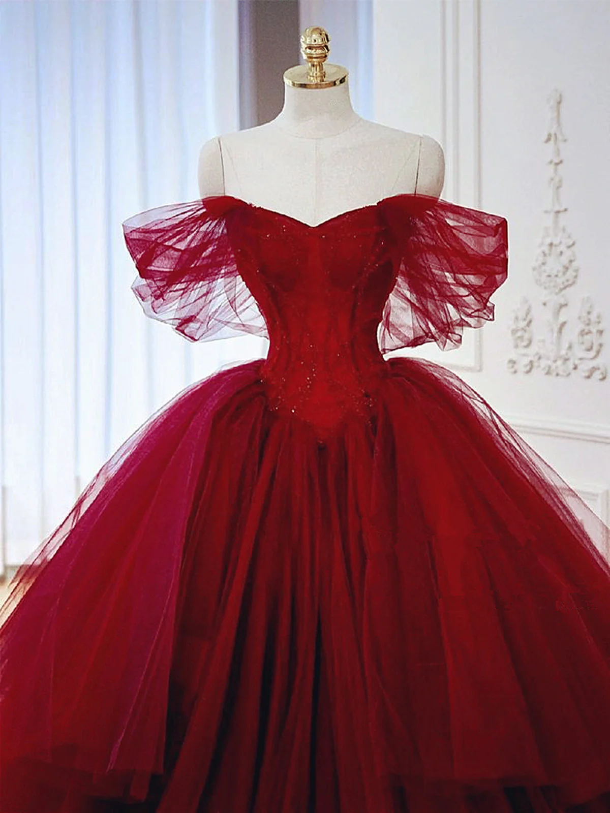 Off The Shoulder Tulle Red Sweet 16 Dress Ball Gown DP346
