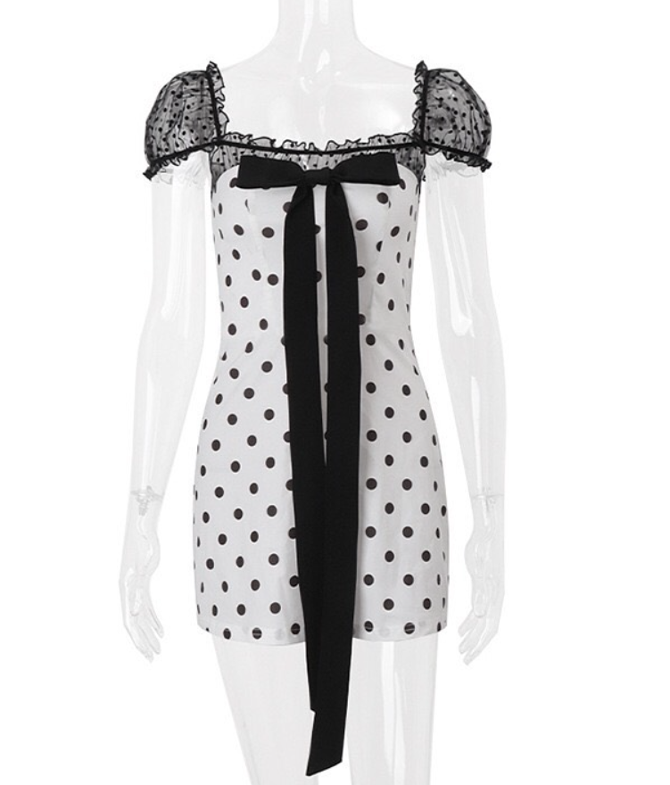 Cute A Line Puff Black Lace Polka Dot Satin Short Homecoming Dress Outfits DP4024