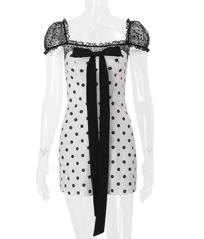 Cute A Line Puff Black Lace Polka Dot Satin Short Homecoming Dress Outfits DP4024
