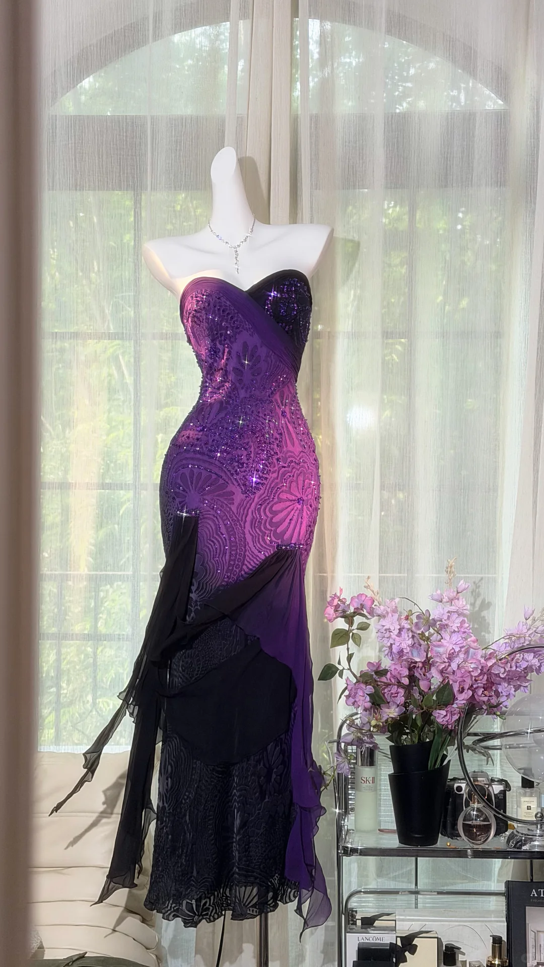 2000s Midnight Purple Ombre Beaded Ruffled Gown Prom Dress DP5154