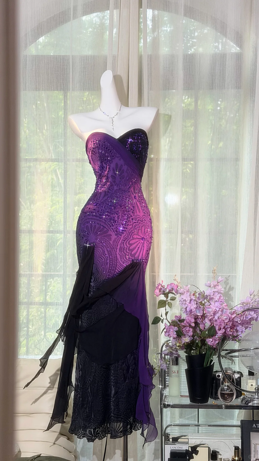 2000s Midnight Purple Ombre Beaded Ruffled Gown Prom Dress DP5154