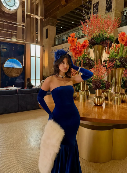 Sexy Classic Mermaid Strapless Royal Blue Velvet Prom Dress DP5023