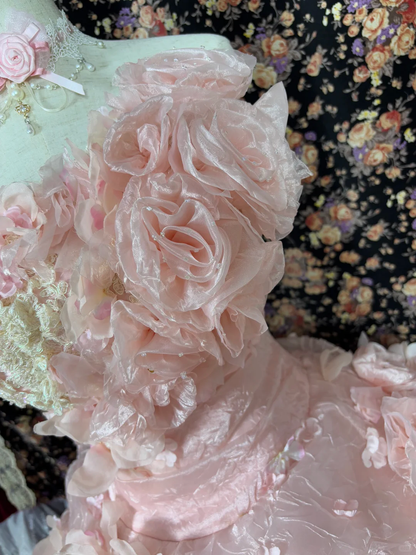 Vintage Princess Light Pink Ball Gown Floral Layered Organza Prom Dress Sweet 16 Dress DP5653