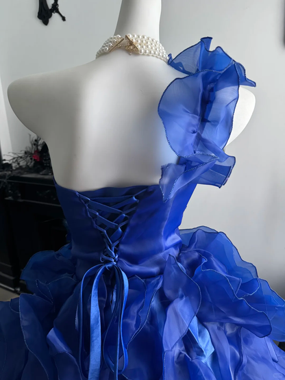Royal Blue Ball Gown One Shoulder Beaded Ruffle Organza Prom Dress Quinceanera Dress DP6961