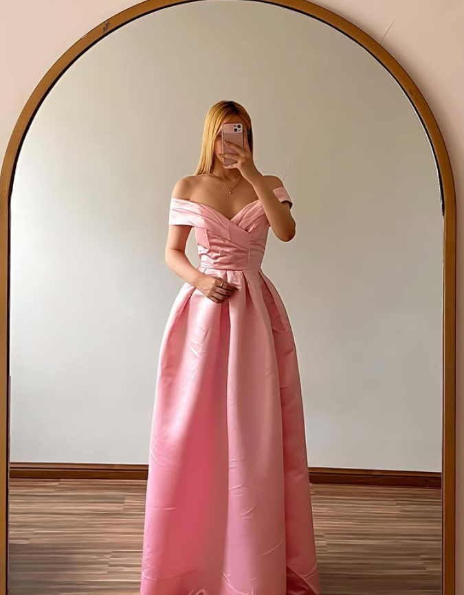 Princess Pink A Line Off the Shoulder Satin Long Prom Dress Evening Dress DP6512