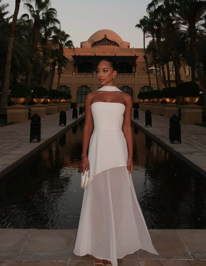 White Flowy Simple A Line Strapless Satin Chiffon Prom Dress Formal Dress with Slit DP3216