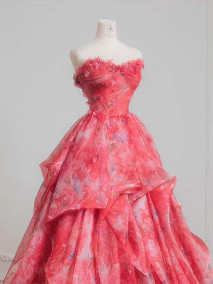 Princess Ball Gown Sweetheart Neck Print Floral Chiffon Prom Dress 16th Birthday Dress DP3874