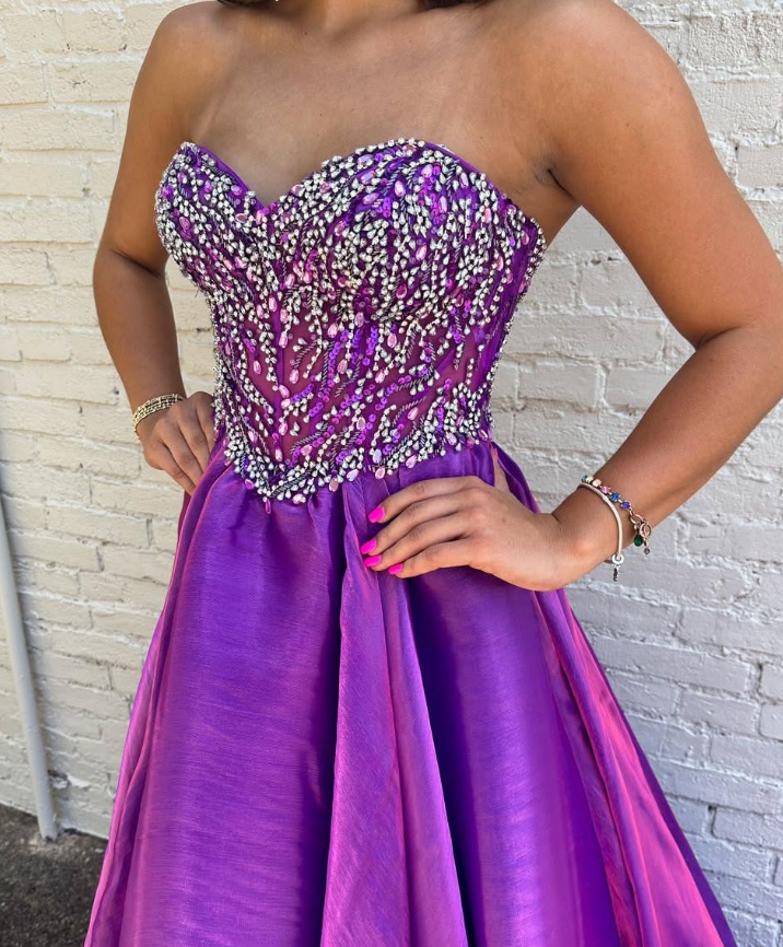 Shiny A Line Sweetheart Neck Beaded Purple Satin Long Prom Dress Evening Dress DP6519