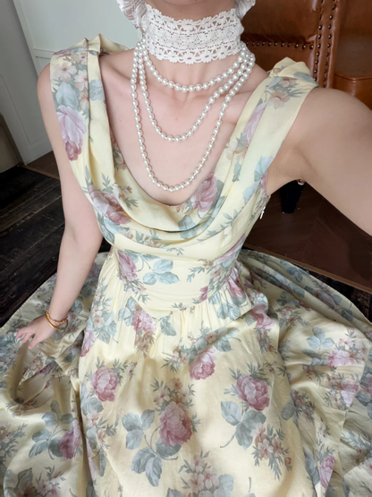 Pretty Light Yellow A Line Print Flower Satin Long Prom Dress Evening Dress DP5645