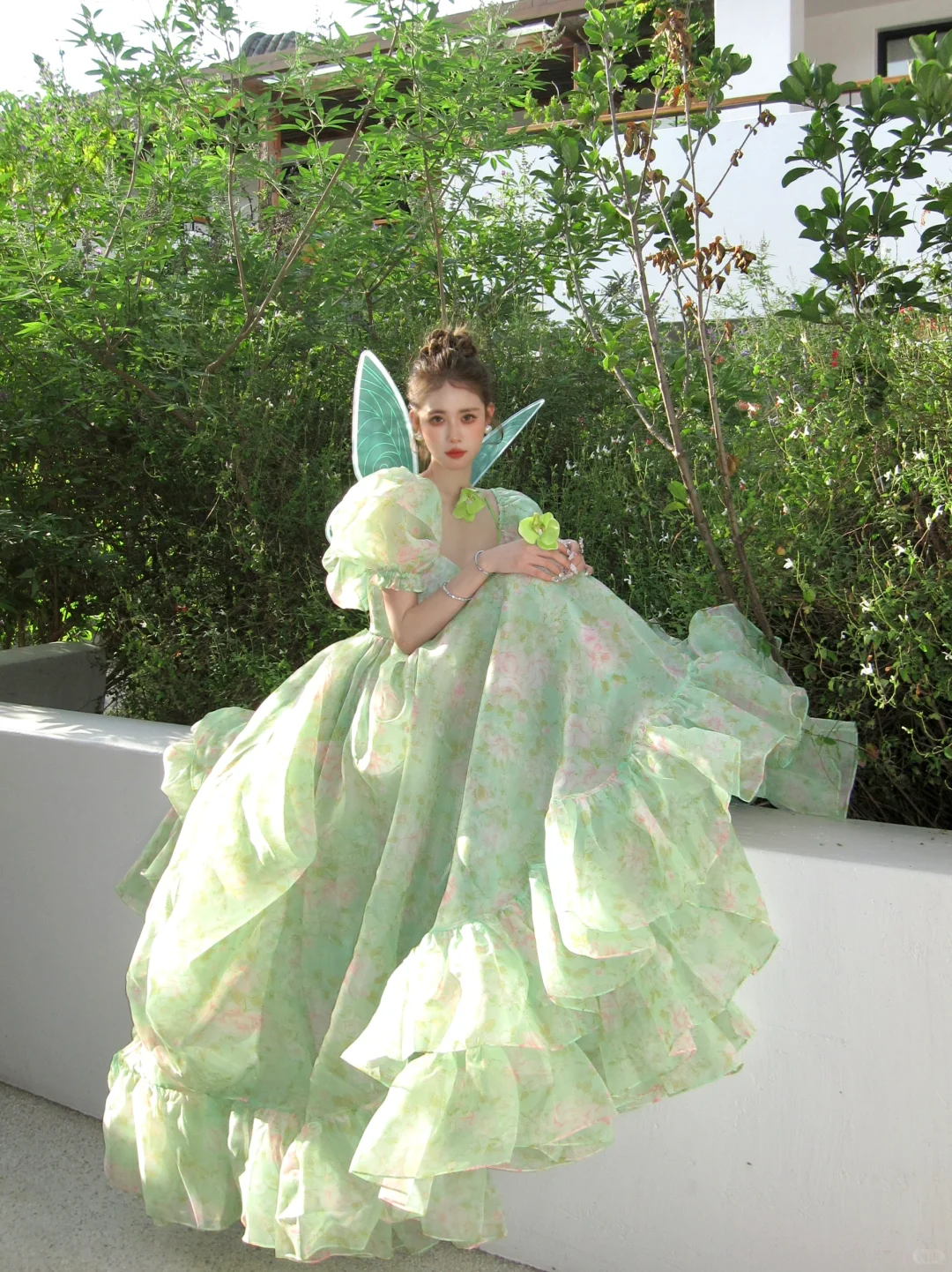 Cute Light Green Ball Gown Print Floral Chiffon Long Prom Dress Evening Dress DP5383