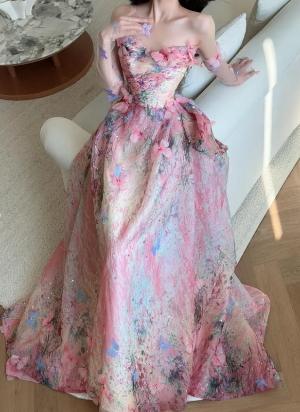 Princess Ball Gown Bow Pink Print Floral Chiffon Long Prom Dress DP4647