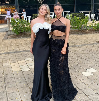 Elegant Black-white Mermaid Strapless Satin Long Prom Dress Evening Dress DP7469