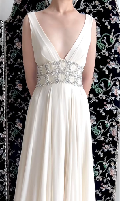Gentle White A Line V Neck Beaded Chiffon Long Prom Dress Evening Dress DP5148
