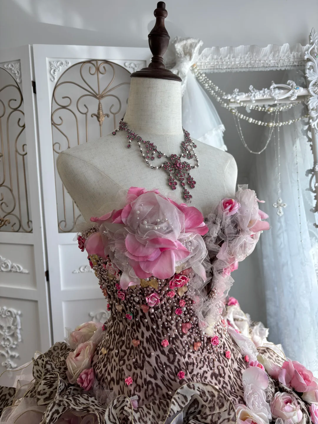 Vintage Leopard Print Ball Gown Strapless 3D Floral Layered Tulle Prom Dress Sweet 16 Dress DP5667