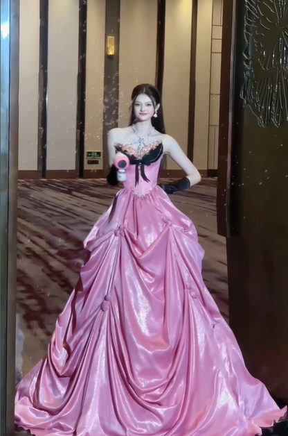 Sweety Pink Ball Gown Sweetheart Neck Pleated Satin Long Prom Dress DP4607