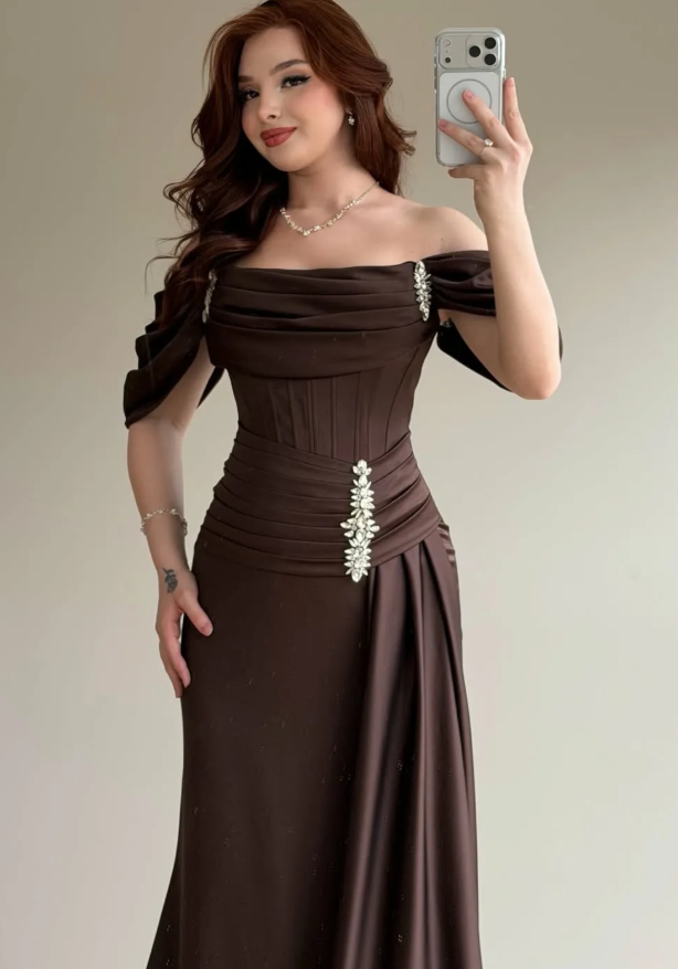 Elegant Brown A Line Off the Shoulder Satin Prom Dress Date Dress DP5090