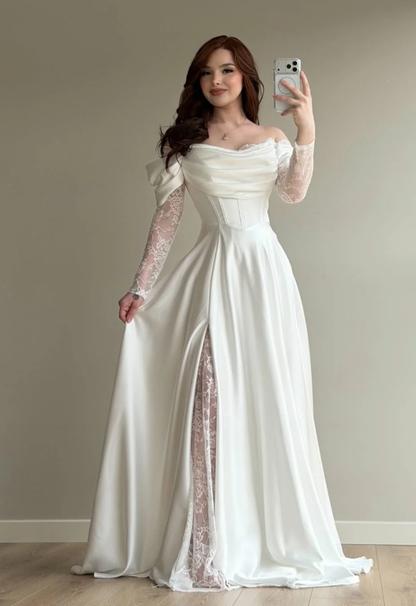 Elegant White A Line Long Sleeve Lace Satin Prom Dress DP5022