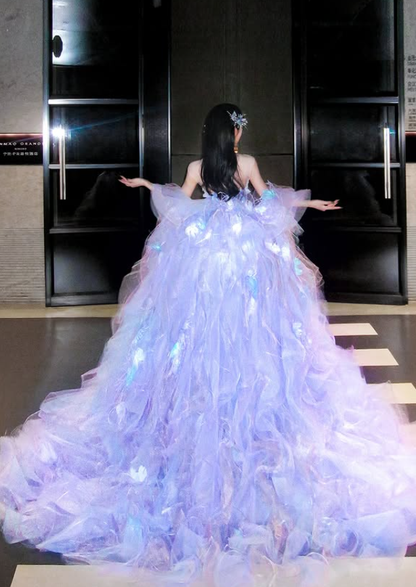 Dreamy Purple Ball Gown V Neck Exquisite Beaded Organza Long Prom Dress DP4605