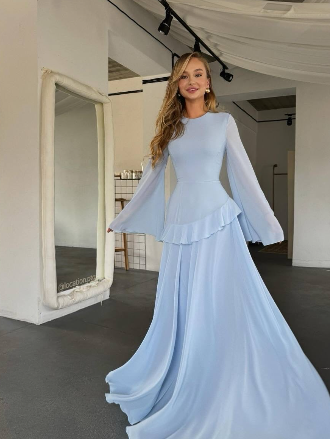 Baby Blue A Line Long Sleeve Flowy Chiffon Prom Dress Evening Dress DP5262