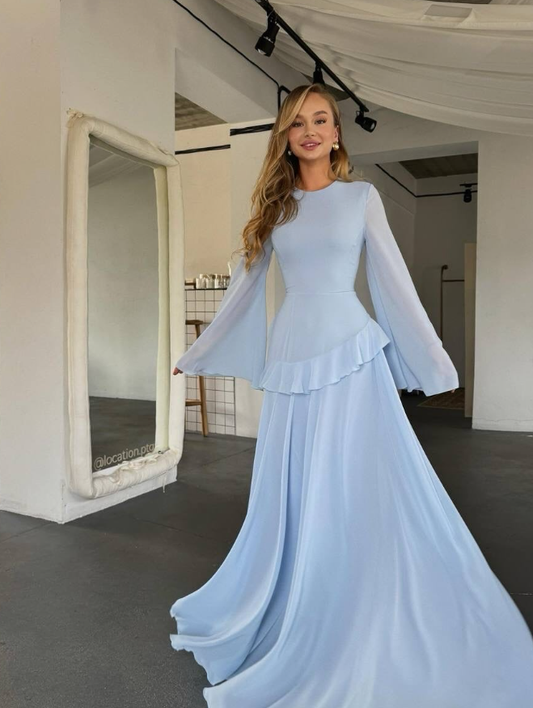 Baby Blue A Line Long Sleeve Flowy Chiffon Prom Dress Evening Dress DP5262