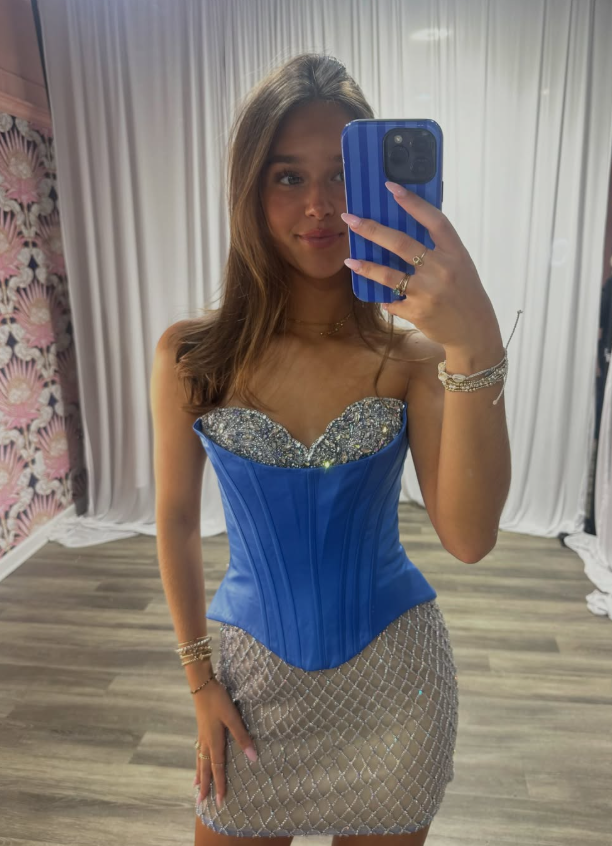 Blue Sheath Sweetheart Neck Beaded Satin Short Prom Dress Homecoming Dress DP7126