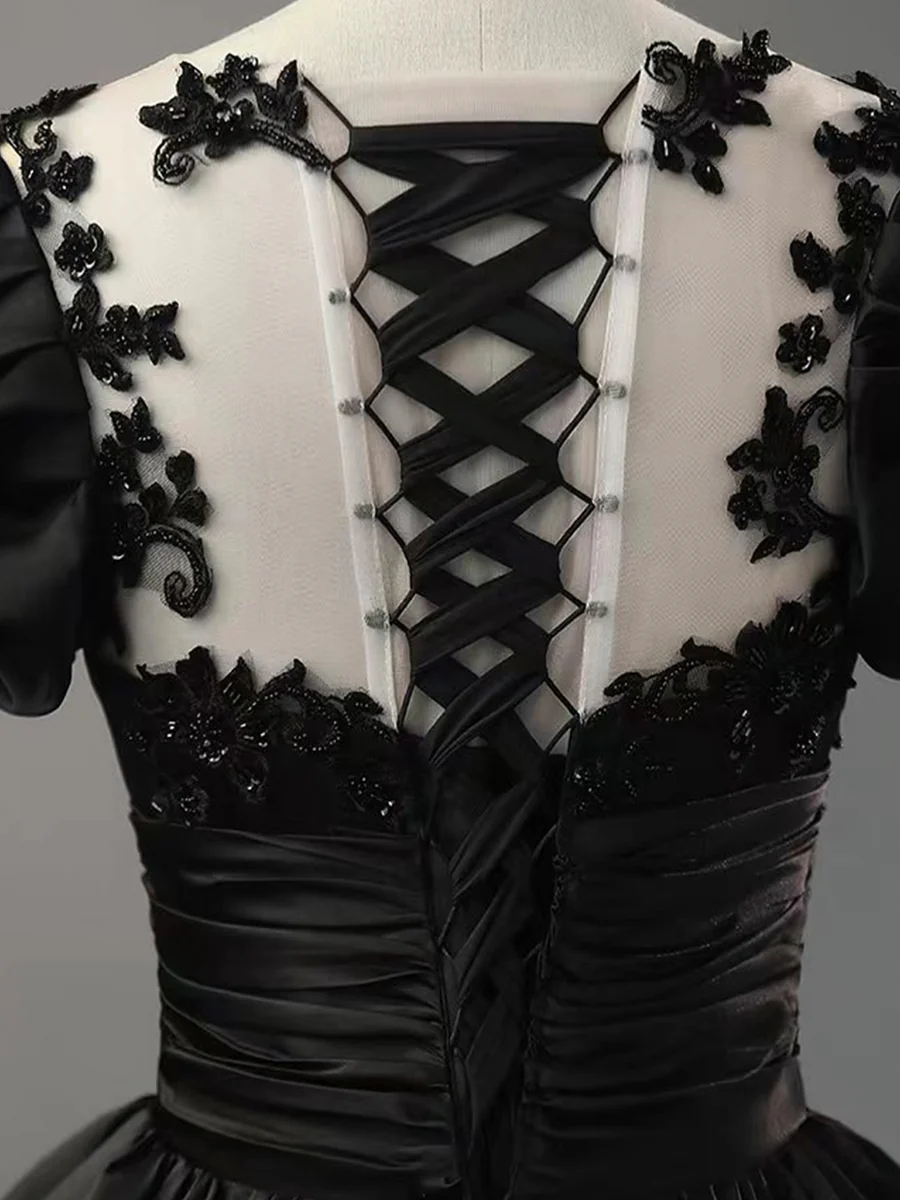 Black Scoop Neckline Satin Lace Beaded Long Prom Dress Party Dress Ball Gown DP397