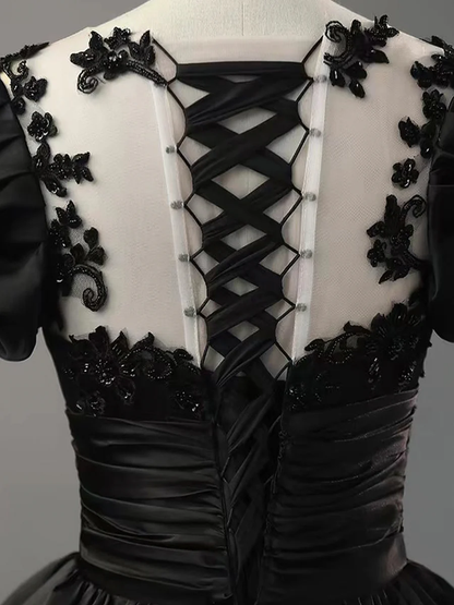 Black Scoop Neckline Satin Lace Beaded Long Prom Dress Party Dress Ball Gown DP397