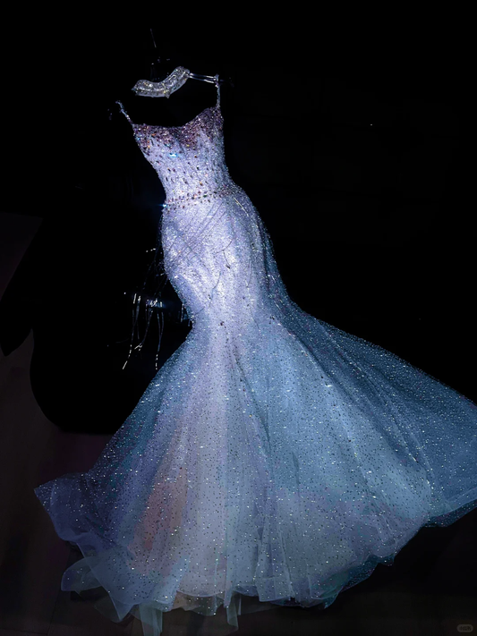 Gorgeous Mermaid Spaghetti Strap Beaded Sequin Blue Tulle Long Party Dress Evening Dress DP2599