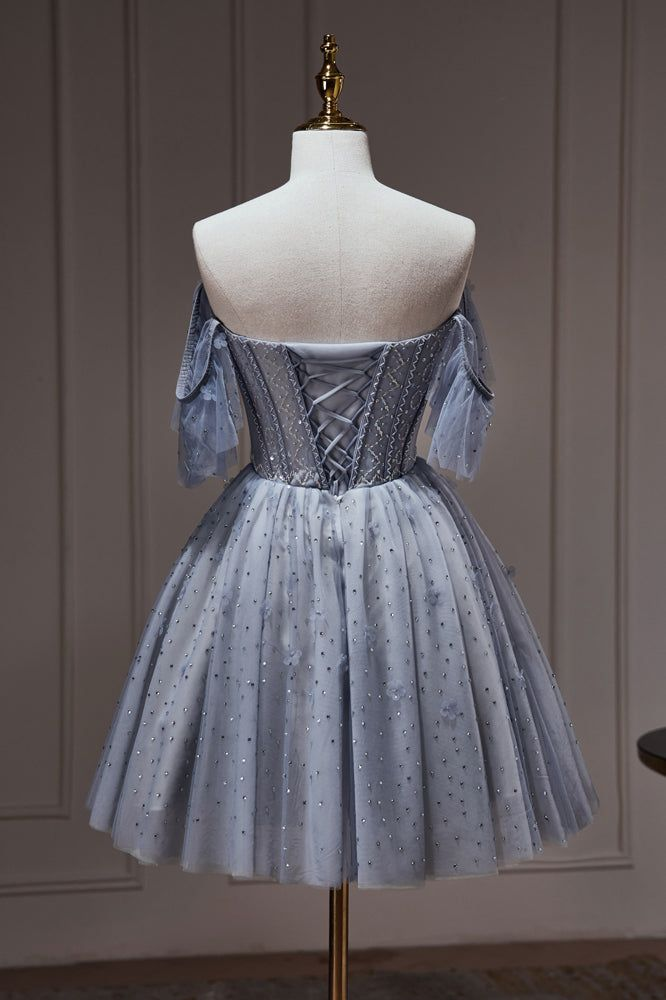 Blue Off The Shoulder Tulle Short Homecoming Dress DP624