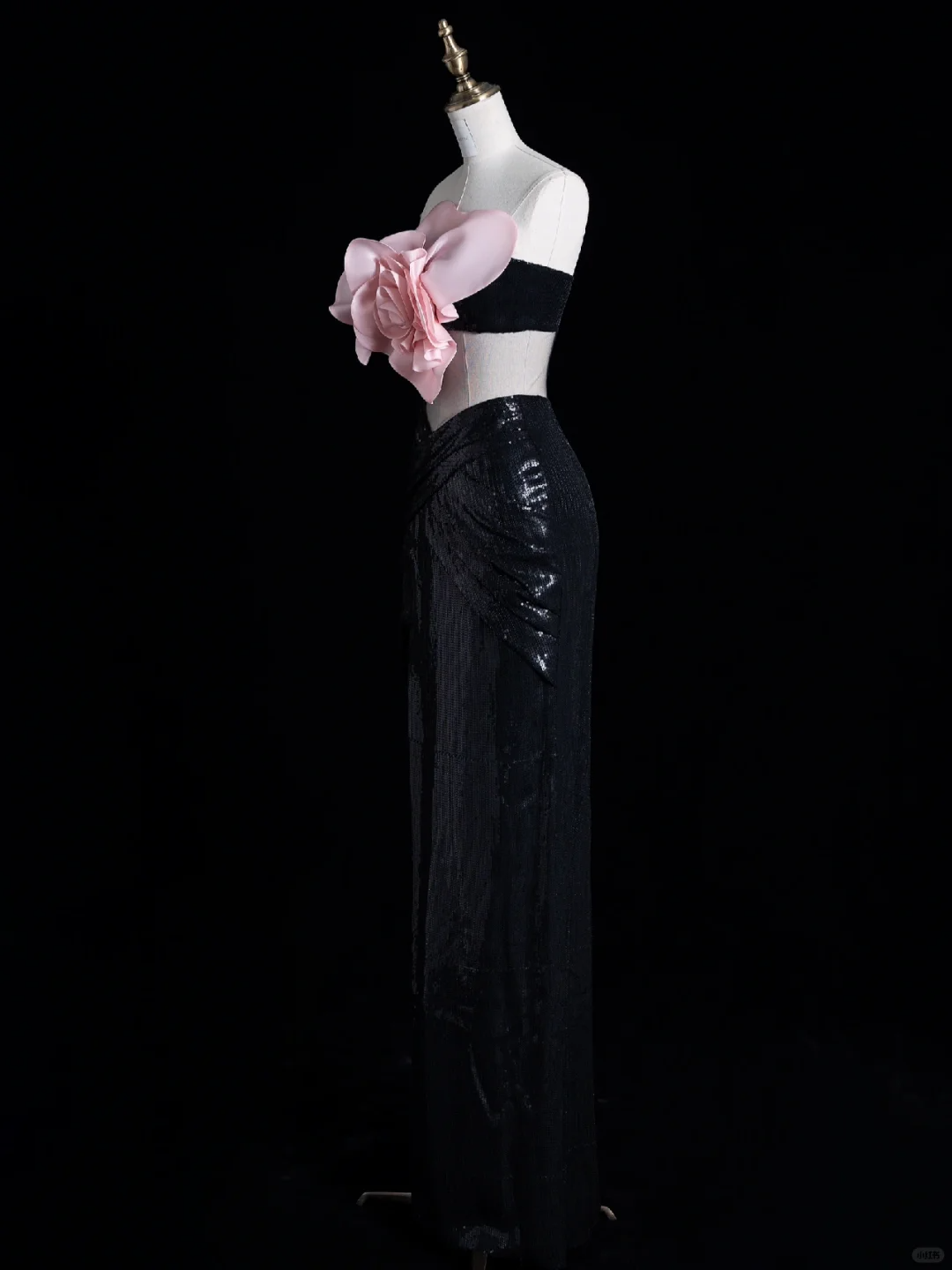 Cute Sheath Strapless Pink Flower Black Sequin Long Prom Dress Evening Dress DP2099