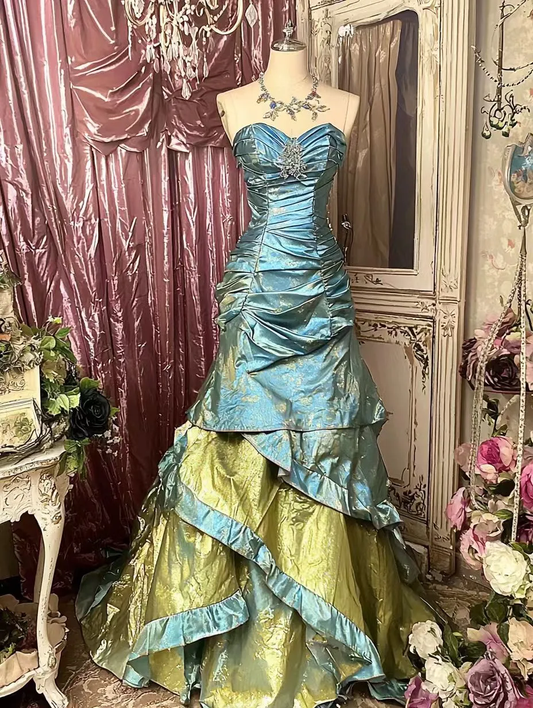 Vintage Mermaid Sweetheart Neck Beaded Tiered Satin Long Prom Dress Evening Dress DP2133