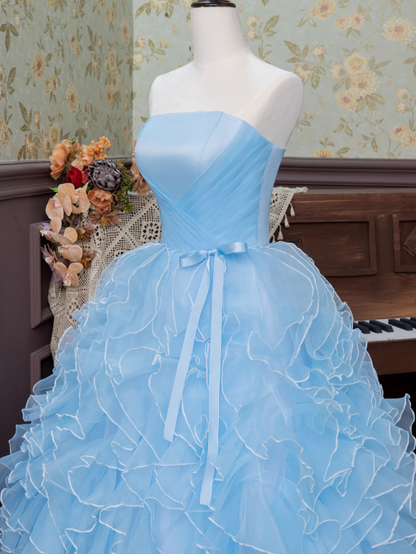 Blue Ball Gown Strapless Ruffle Layered Organza Prom Dress 16th Birthday Dress DP3564