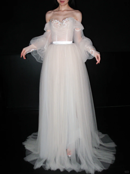 Dreamy A Line Long Sleeve Beaded Tulle Long Prom Dress Wedding Dress DP6364