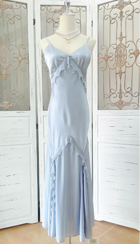 White Mermaid Spaghetti Strap Pearl Chiffon Satin Prom Dress Evening Dress Party Dress DP3584